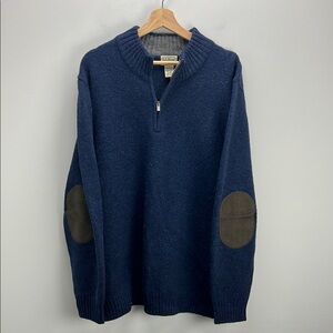 L.L. Bean Shetland Wool Quarter Zip Sweater Elbow Patches Blue Mens XL Classic